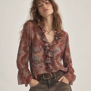 Vintage Paisley Sheer Red Ruffle Blouse 22 Boho Fairy Whimsygoth Peasant Top 90s